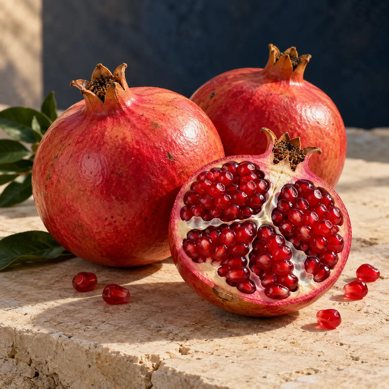Illustrative still life of whole and cut pomegranates