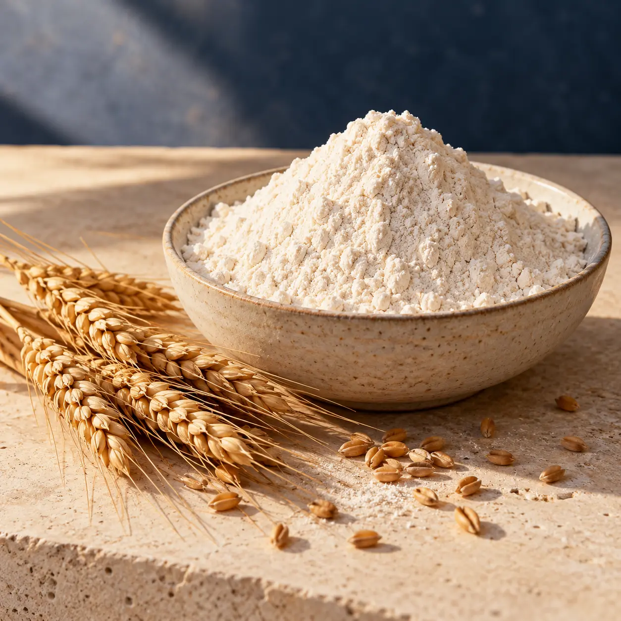 Illustrative still life of wheat flour in a bowl and wheat stalks