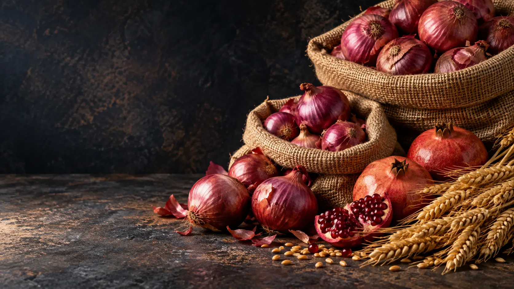 Illustrative still life of red onions, pomegranates and wheat